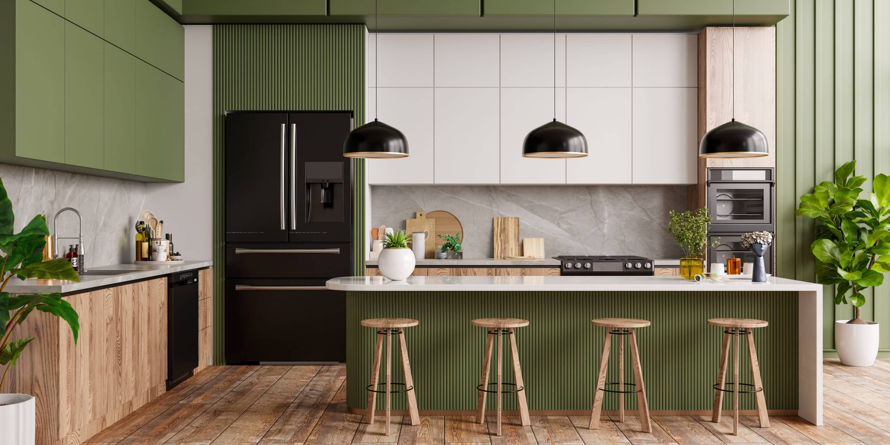 Modern Kitchen With A Kitchen Island Stools And 2026 01 08 23 32 16 Utc Scaled Modern Kitchen With Green Accents.